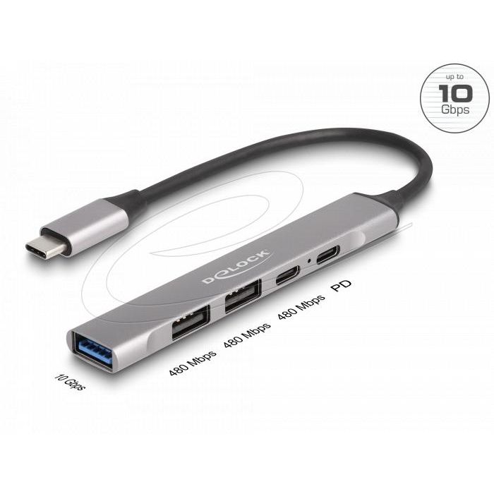 HUB USB-C Delock 4 порта 1xUSB-A 10 Gbps 2xUSB-A 1xUSB-C USB-C PD 95 W