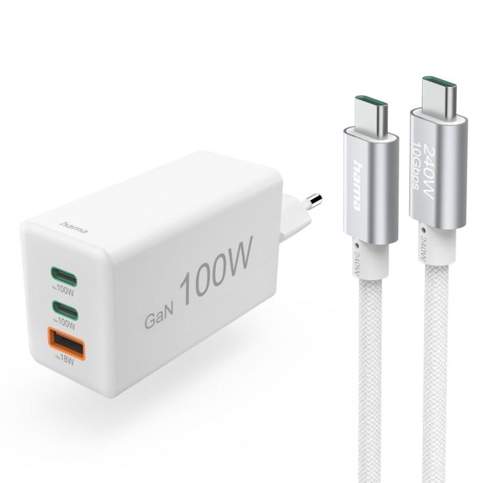 Бързо зарядно и кабел за зареждане HAMA комплект 100 W GaN 2x USB-C PD 1x USB-A QC